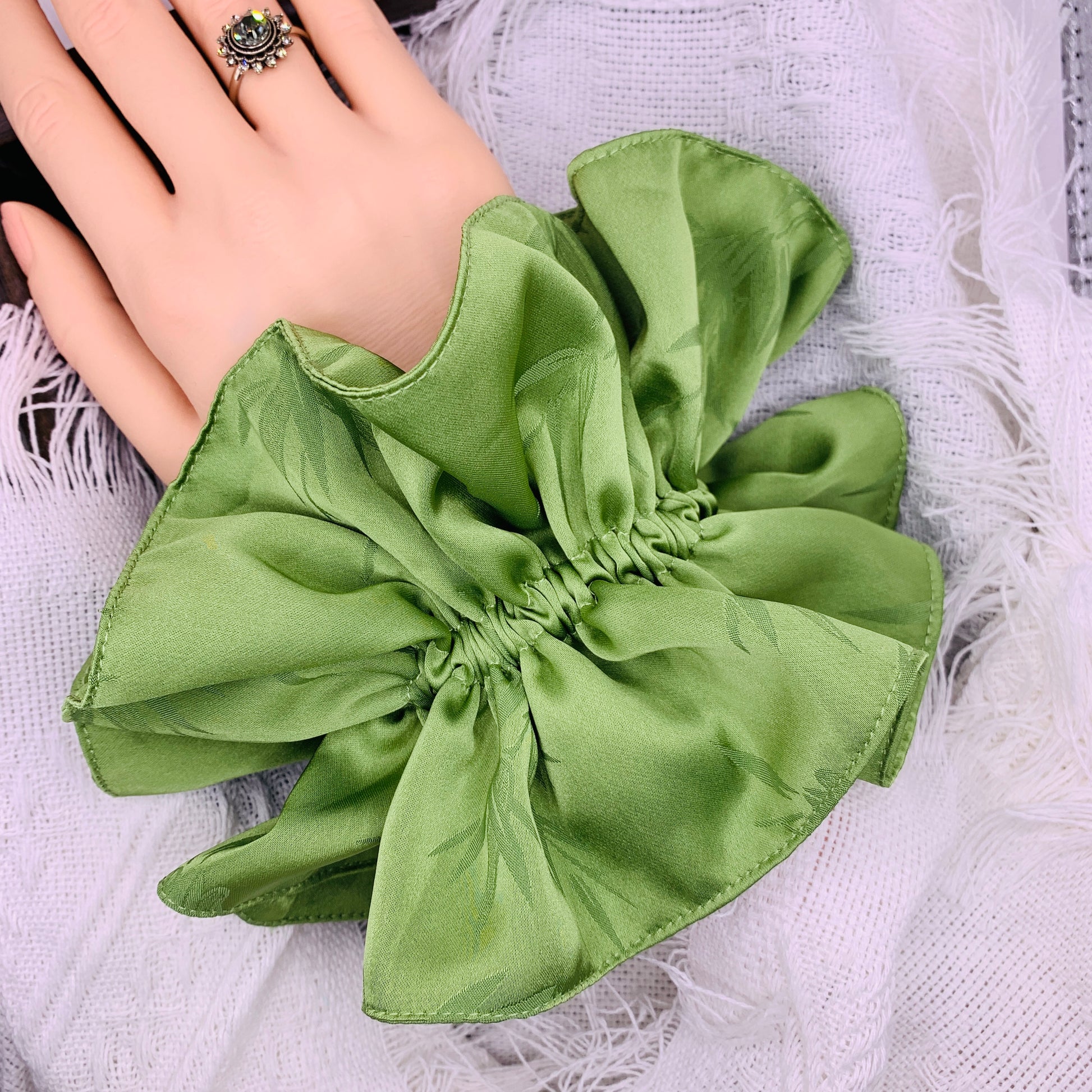 Green Satin double layer Scrunchie 072